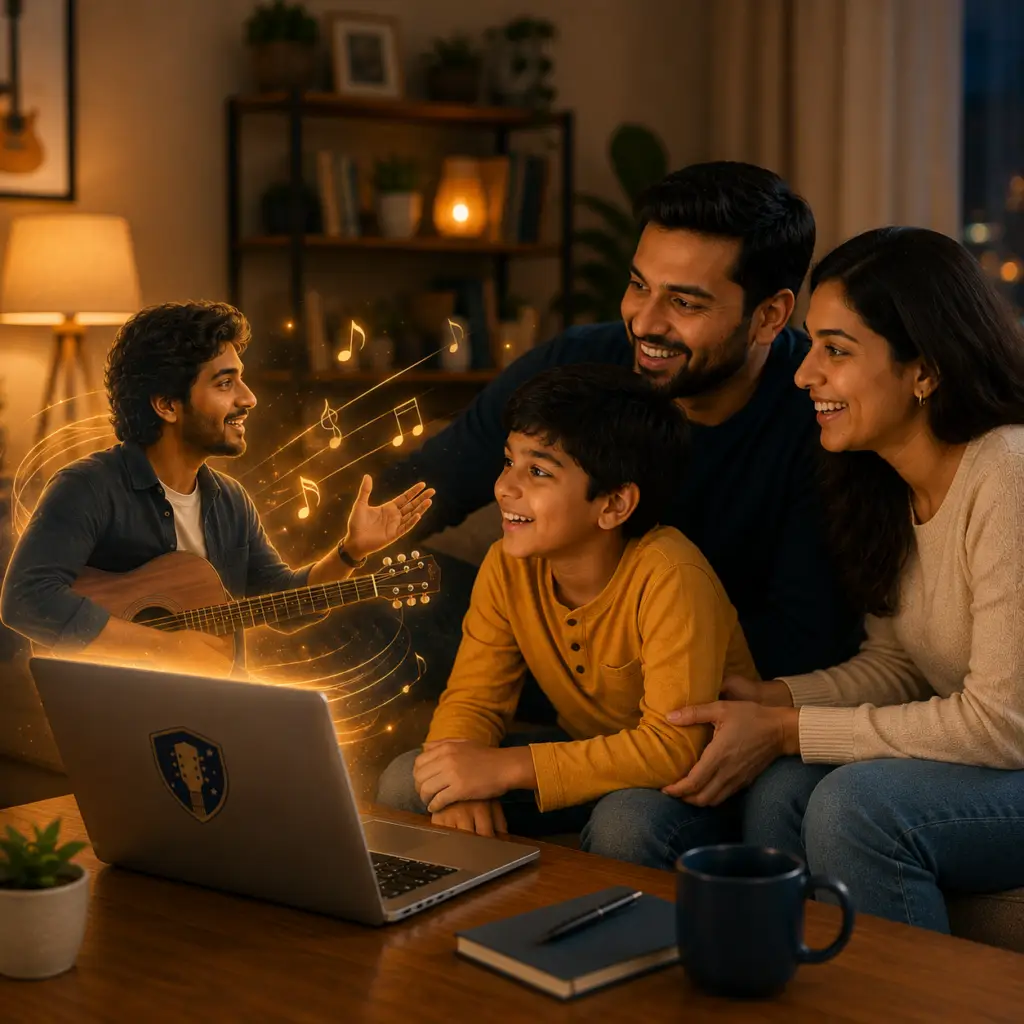 A parent helping their child choose the best online guitar teacher