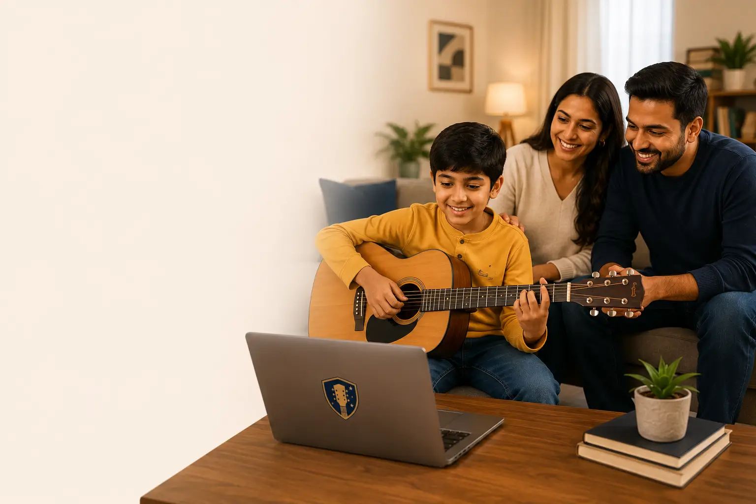 A boy playing acoustic guitar with his parents at home