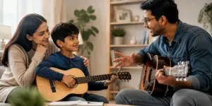 Guitar teacher giving a live guitar lesson to a young student