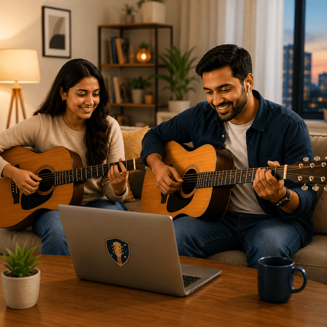 Two adults playing guitar together at home during a live online lesson
