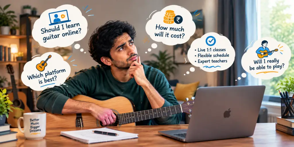 Young man with an acoustic guitar considering the cost of online guitar lessons, comparing online learning platforms, flexible classes, and live one-to-one guitar instruction.
