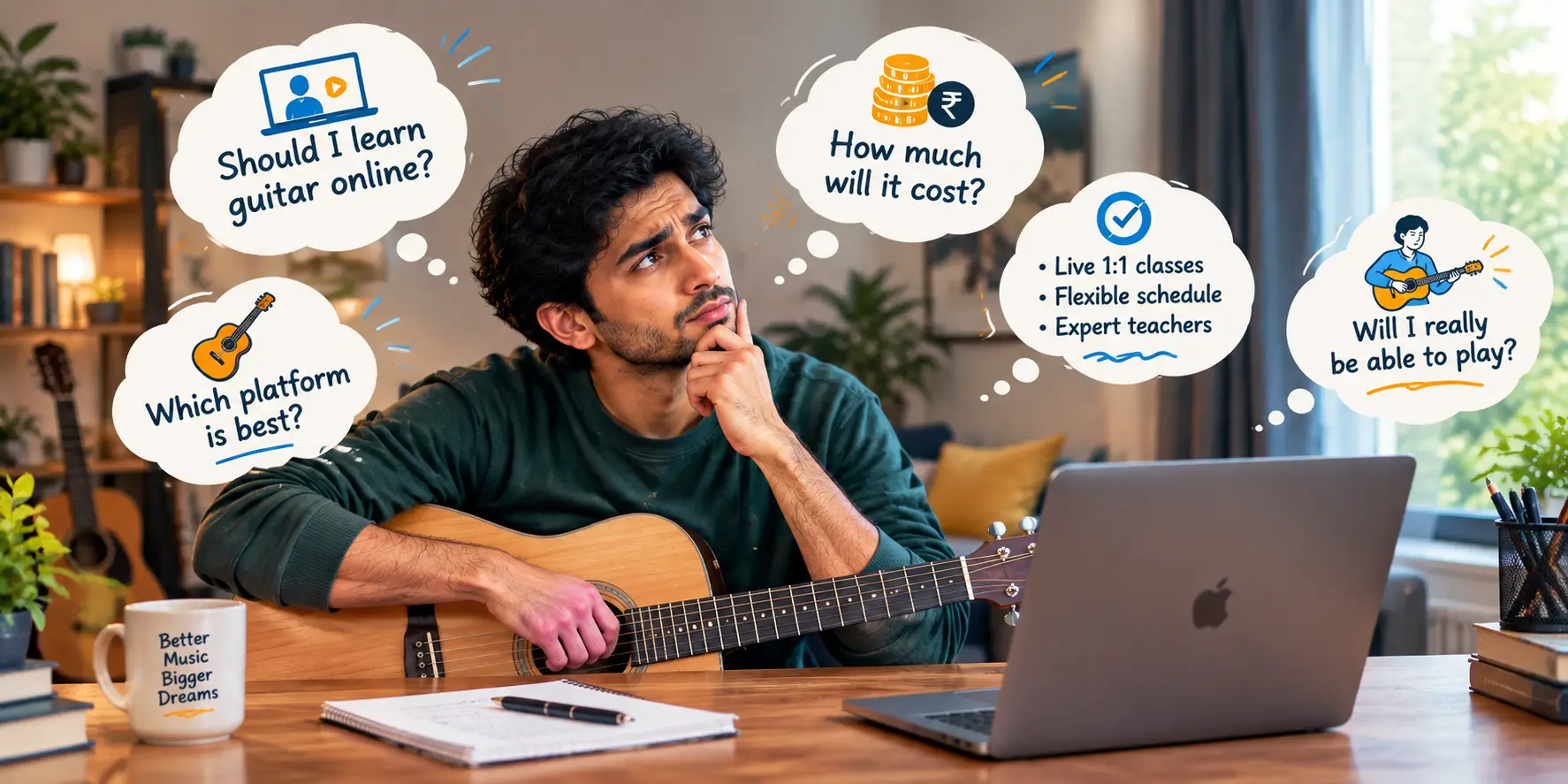 Young man with an acoustic guitar considering the cost of online guitar lessons, comparing online learning platforms, flexible classes, and live one-to-one guitar instruction.
